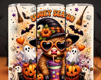 Halloween Highland Cow Tumbler Wrap PNG, Spooky Season 20oz Skinny Sublimation Design, Cute Witch Cow Digital Download
