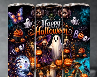 May include: A cylindrical tumbler featuring a dark Halloween-themed design with a purple butterfly, ghosts, pumpkins, a witch, a scarecrow, bats, and cupcakes. The text Happy Halloween and Boo are printed in orange and white script across the surface.