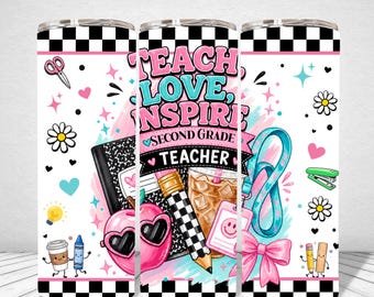 Second Grade Teacher Tumbler Wrap PNG, 20oz Skinny Sublimation PNG, Back to School Design, Teacher Appreciation Gift, Digital Download