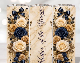 Mother of the Groom Tumbler Wrap PNG,20oz Skinny Sublimation,Navy Blue Gold Floral Wedding Design, Mother of the Groom Gift,Digital Download