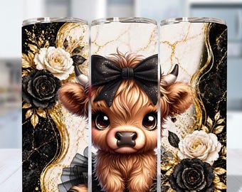 Cute Highland Cow Tumbler Wrap PNG, 20oz Skinny Sublimation Design, Black Gold Floral Cow, Cute Coquette Bow Cow Wrap, Digital Download