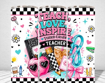 Third Grade Teacher Tumbler Wrap PNG, 20oz Skinny Sublimation, Back to School Design, Teacher Appreciation Gift, Digital Download