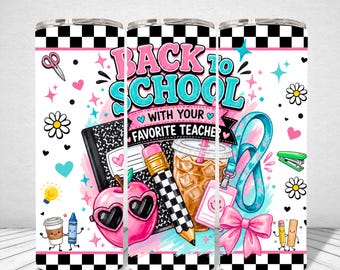 Back to School Tumbler Wrap PNG, Favorite Teacher 20oz Skinny Sublimation, Teacher Gift, Pink Checkerboard Digital Download
