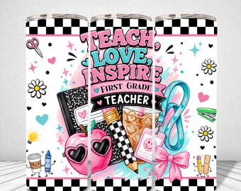 First Grade Teacher Tumbler Wrap PNG, 20oz Skinny Sublimation, Back to School Design, Teacher Gift Digital Download