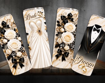 Bride and Groom Tumbler Wrap Bundle PNG, Black Gold Wedding Dress & Tuxedo 20oz Skinny Sublimation Digital Download