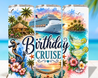 Birthday Cruise Tumbler Wrap PNG, 20oz Skinny Sublimation, Tropical Cruise Vacation Design, Digital Download