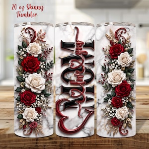 May include: A 20 oz skinny tumbler with a marble design. The tumbler features the words "Happy Birthday Mom" in black and red, surrounded by red and white roses and greenery.