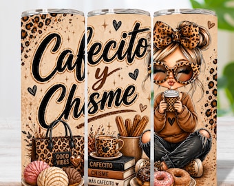 Cafecito y Chisme Tumbler Wrap PNG, 20oz Skinny Sublimation, Leopard Print Coffee Girl, Coquette Aesthetic, Digital Download