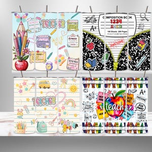 May include: A set of insulated tumblers with vibrant school-themed designs. The tumblers display images of pencils, apples, and the word "TEACHER". Some tumblers have the text "COMPOSITION BOOK" and "AWESOME".