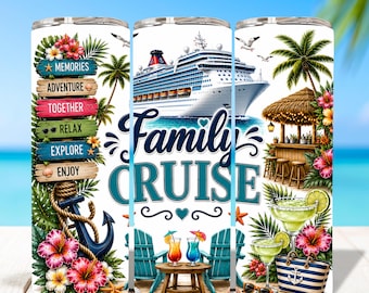 Family Cruise Tumbler Wrap PNG, 20oz Skinny Sublimation Design, Tropical Vacation Cruise Ship Digital Download