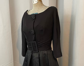 1950s Party Dress little black cupcake chiffon & Taffeta big buttons XS