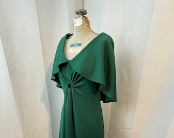 1970s Vintage Boho Maxi Dress Emerald Green with Cape & Keyhole S M