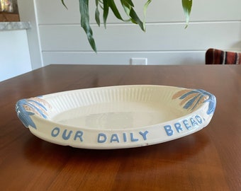 Vintage Harker Pottery Bread Board Plate Give us this Day our Daily Bread hand painted blue white wheat 1840