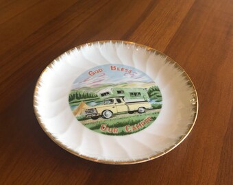 God Bless Our Camper decorative travel souvenir plate vintage 1960s pickup truck