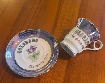 Colorado Columbine Silver Leaf State collector Tea Cup and Saucer Set 1950s vintage