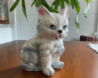 Persian Cat Planter Vase White with Blue eye Himalayan 1950s vintage ceramic kitsch