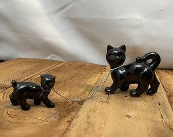 Black Cat Kitten Chained cats animal figurine Halloween Gift for Witch 1950s vintage