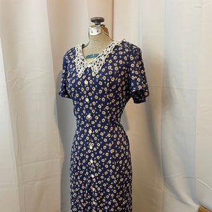 1990s Vintage French Girl Midi Floral Summer Dress Blue Lace Collar M image 1