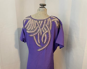 80s Vintage Beaded Dress Purple Pearls Silky Crepe New Wave L