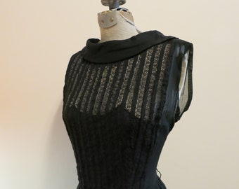 1950s black dress linen and lace sheer mourning full circle skirt M L