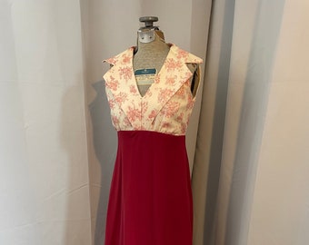 70s Vintage Kleid Regency Bridgerton Style Formales Maxikleid Rosa und Rot XS