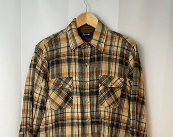 70s Vintage Flannel Shirt Jacket Brown Green Plaid quilted lining Chore Coat M