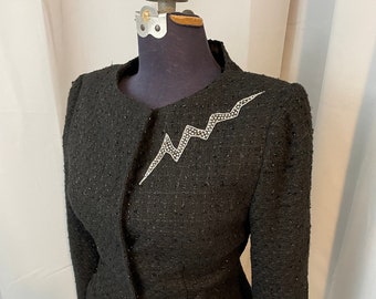 1980er Lightening Bolt Blazer Boucle Anzug Jacke Bowie Glam Rock schwarz & silber metallic M