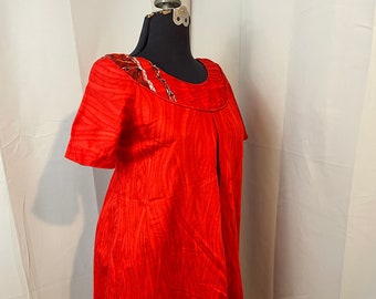 60s Vintage Hawaiian Muu Muu Kaftan day dress Red Tiki Patio M