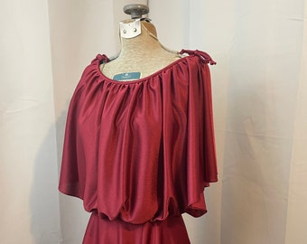 1970s Vintage Boho Maxi Dress Burgundy Red with Cape Goddess S M