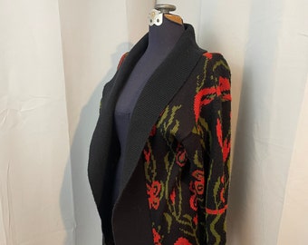 Cocoon Cardigan Sweater 80er Jahre Vintage Dark Floral schwarz rot Tulpen OS