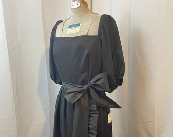 Little Black Dress 1970s Vintage Deadstock Satin and Crepe Big Bow M