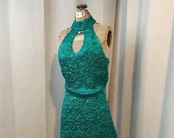 80s Mini Satin Princess Ariel Formal Gown Party Dress Teal sequins M