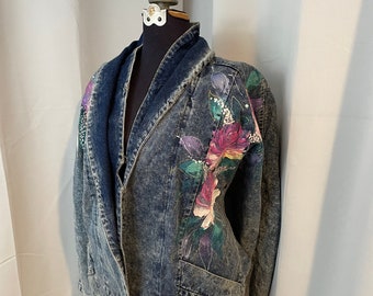 80s vintage Painted denim Jean jacket blazer oversized roses L