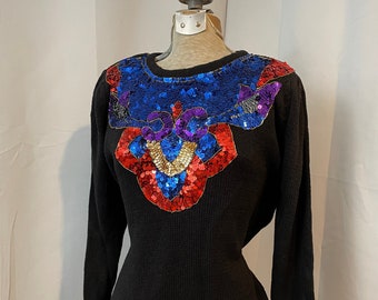80s Sequin Sweater Embellished jewel tone holiday Coffee Talk S