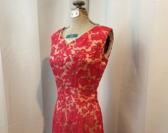 Lace Wiggle Dress 1950s Vintage Pinup Pencil Pastel Hot Pink Fuschia S
