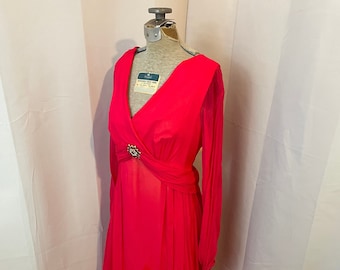 70s Vintage Maxi Dress Hot Pink Satin Chiffon Rhinestone formal M