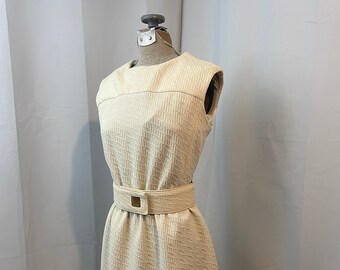 1960s Vintage Belted Dress Mod A line Shift Ivory White Stretch Spring Summer M