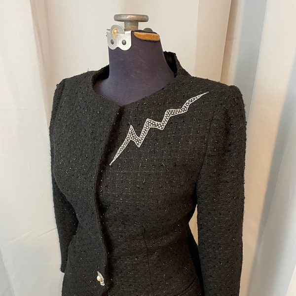 1980s Lightening Bolt Blazer boucle suit jacket Bowie Glam Rock black & silver metallic M