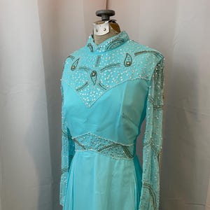 Beaded Blue Formal Gown Maxi Dress Robins Egg Pastel 1960s Vintage Sequins S