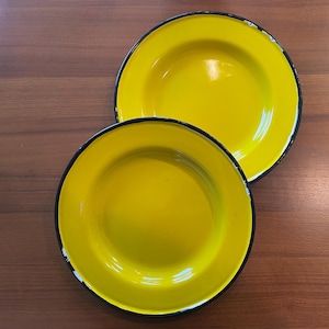Enamel Plates Mid Century Enamelware Austria Universal Yellow Black Set of 2 1960s