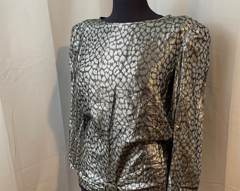 Cocktail Blouse Top 80s Vintage Silver Metallic Leopard Mob Wife M