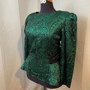 Cocktail Blouse Top 80s Vintage Green Brocade Black Satin Bow M L image 2