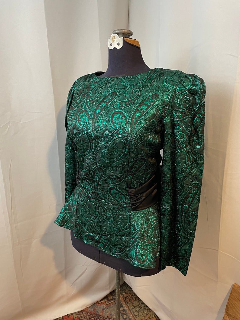 Cocktail Blouse Top 80s Vintage Green Brocade Black Satin Bow M L image 2