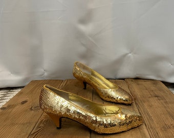 Gold Pailletten Pumps Metallic Satin Kitten Heels 80er Vintage New Wave 6