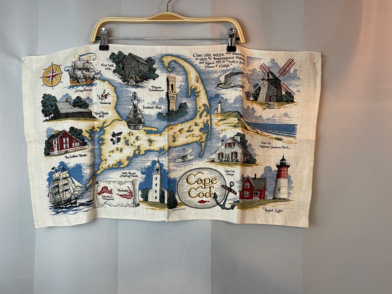 Cape Cod Souvenir Tea Dish Towel Linen Wall hanging 1960s vintage road trip image 1