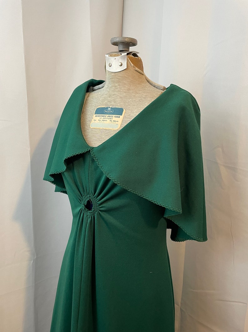 1970s Vintage Boho Maxi Dress Emerald Green with Cape & Keyhole S M image 2