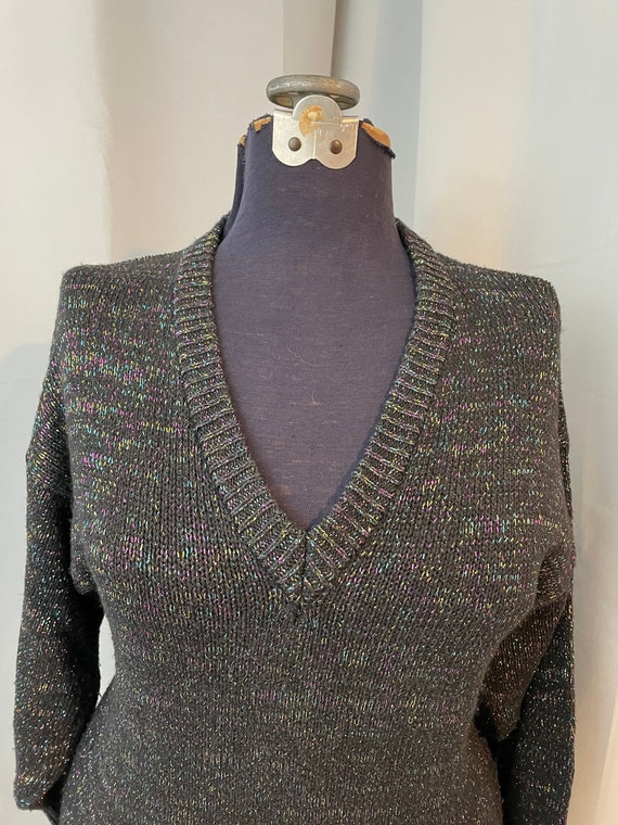 Rainbow Lurex Black V Neck Sweater Pullover paste… - image 2