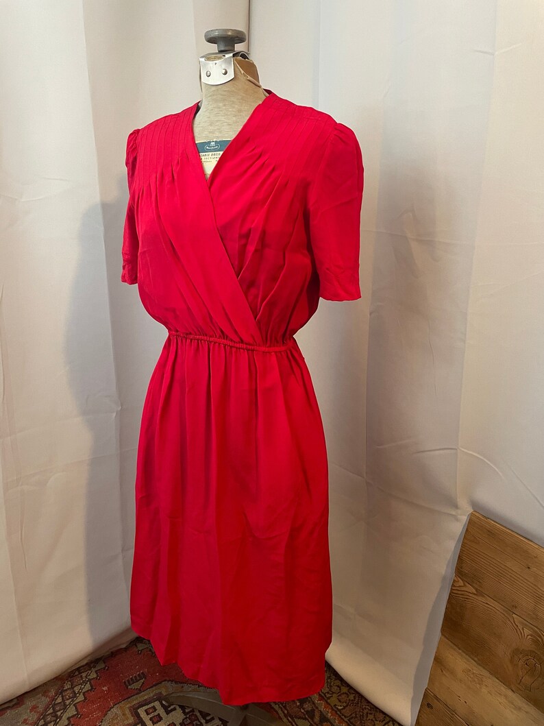 1940s style Dress 1980s Vintage Silk Red Spring Pleated Wrap Pockets S image 1