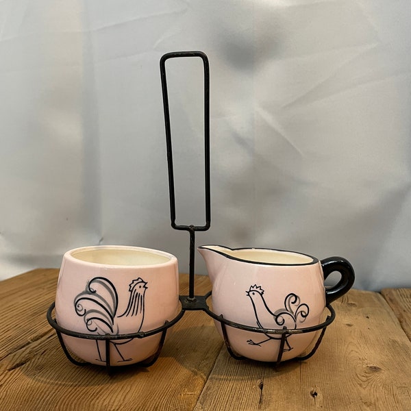 1950s vintage Pink and Black chicken rooster hen Cream and Sugar Bowl Set kitsch