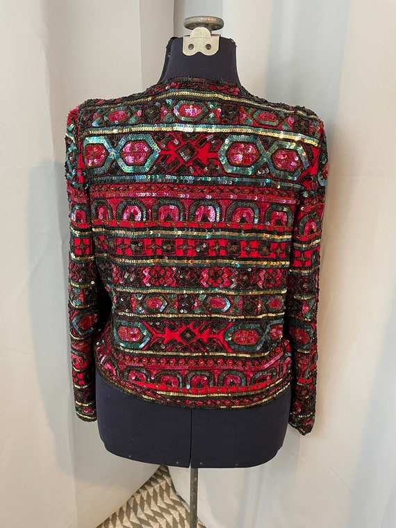 70s glam rock sequined Jacket Red Silk rainbow XL - image 4